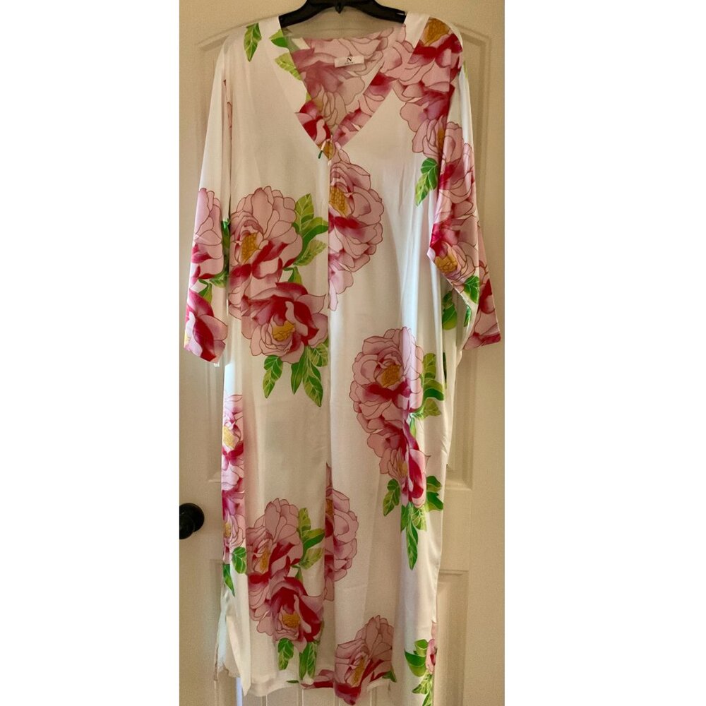 Natori White & Pink Peony Caftan XL